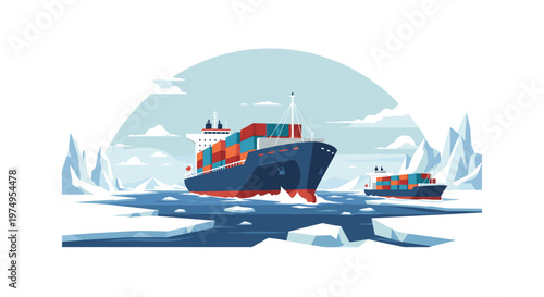 Two massive container ships navigate through a treacherous arctic landscape filled with towering white icebergs and floating ice under a pale blue circular sky.