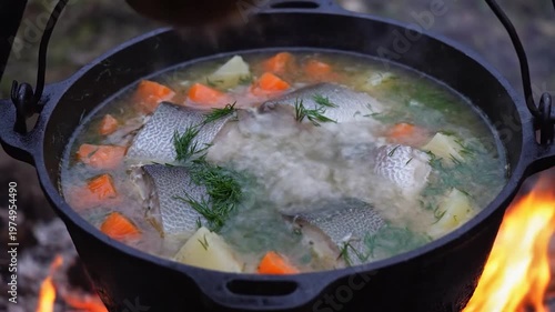 A cast iron pot filled with fish soup and vegetables simmers over an open campfire in the wilderness