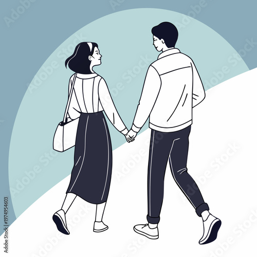 A stylish couple is depicted walking hand in hand viewed from behind against a soft pastel blue and white background