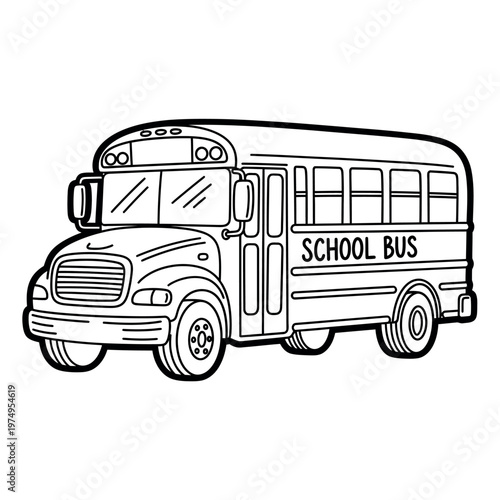 Black and white illustration of a classic school bus