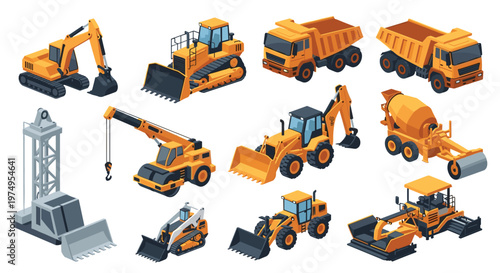 Isometric yellow construction machinery including heavy excavators and powerful bulldozers stands ready for professional work on a clean white backdrop.