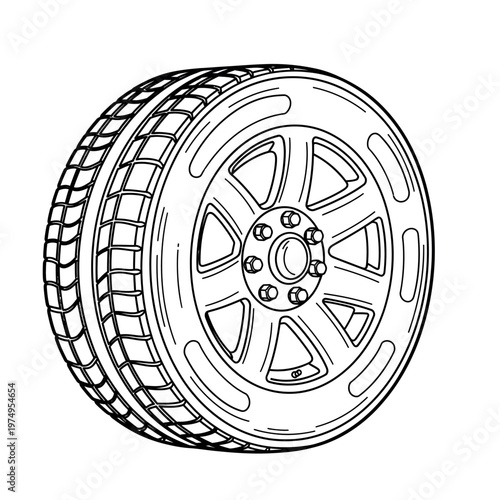 Sketch of a car tire with detailed tread and alloy wheel