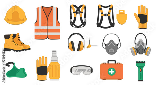 Essential personal protective equipment featuring vibrant orange safety vests and sturdy work boots is displayed clearly on a pristine white background.