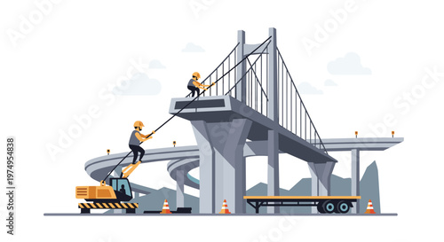 Skilled construction laborers meticulously install heavy tension cables on a massive grey concrete suspension bridge during a bright day with white clouds.
