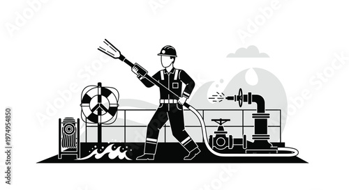 A dedicated industrial technician wearing a protective helmet operates a powerful high-pressure water hose within a detailed monochrome factory setting.