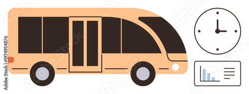 Transportation, scheduling apps, logistics, fleet management, public transit, time management. A bus, clock and data chart. Transportation and scheduling apps concept for modern commuting