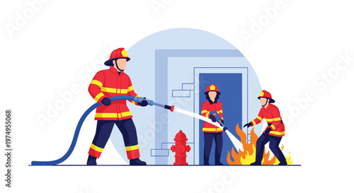 Brave firefighters wearing protective red uniforms and helmets work together to extinguish a dangerous blaze using high-pressure water hoses in a dynamic scene.