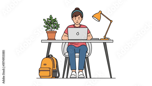 Young woman student studying on laptop at desk with lamp and backpack flat design vector illustration