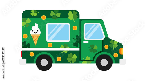 St. Patrick's Day green ice cream truck vector illustration with shamrocks and gold coins for Irish festival celebration