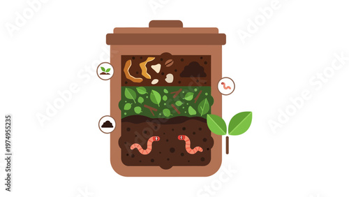 Compost bin cross section vector illustration showing organic waste layers and earthworms for sustainable gardening