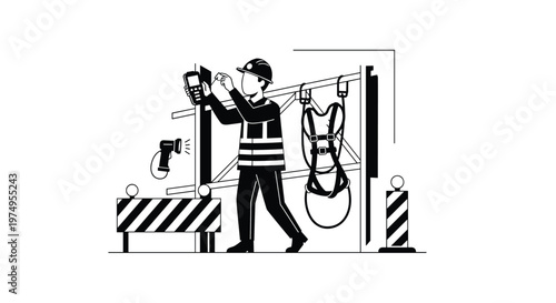 Focused construction worker wearing a safety vest and hard hat uses a handheld scanner to inspect a fall protection harness in this monochrome illustration.