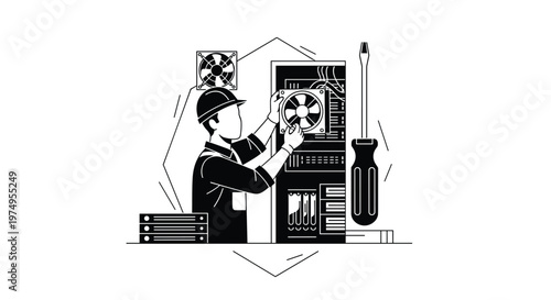 Professional technician wearing a protective hard hat meticulously installs a cooling fan into a complex server rack within a high-tech data center environment illustration.