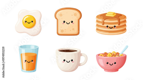 Kawaii breakfast food vector illustration set with cute characters including fried egg toast pancakes coffee juice and cereal bowl