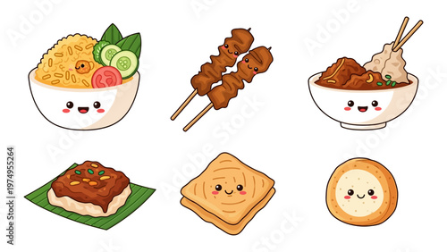 Kawaii Indonesian Food Vector Illustration Set Featuring Nasi Goreng Satay and Bakso Characters