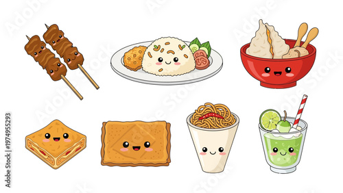 Kawaii Indonesian Street Food Vector Illustration Set Featuring Cute Satay Nasi Goreng and Noodles Characters