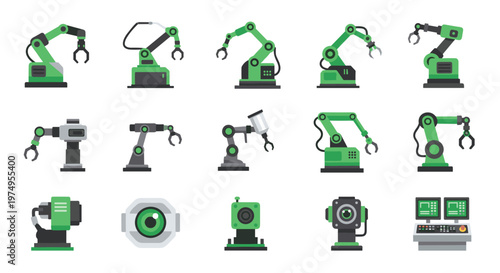Diverse array of modern industrial robotic arms and high-precision automation sensors are presented in a clean grid layout for smart factory manufacturing conceptualization.