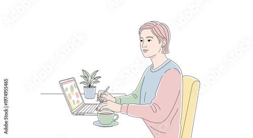 Woman working on laptop computer indoors.
