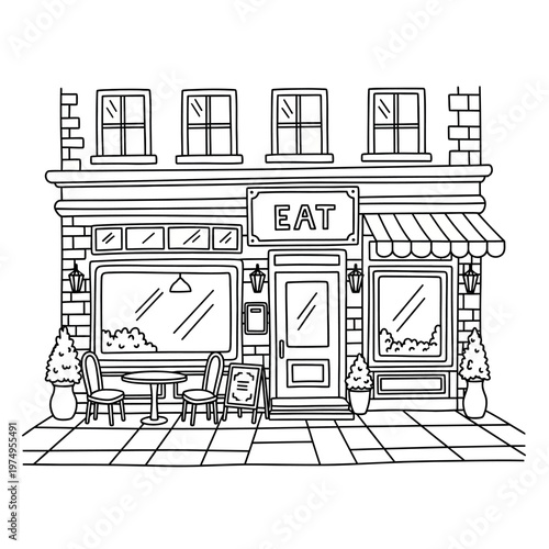 Sketch of a charming vintage restaurant with 'eat' signage