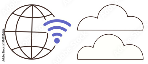 Internet access, cloud technology, data sharing, global network, wireless communication, online storage. Globe with wireless symbol next to two cloud shapes. Internet access and cloud technology