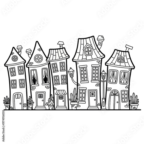 Photos Whimsical sketch of a row of charming uneven houses