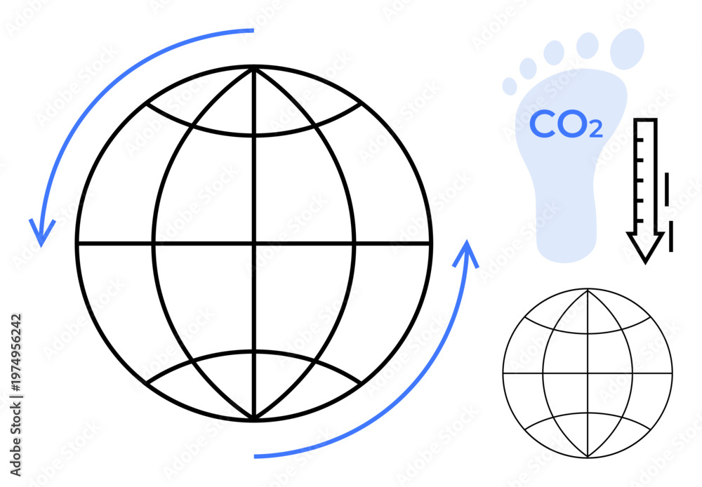 Obraz premium Climate change, carbon emissions, sustainability, environmental impact, global warming, ecological conservation. World globe with an arrow and CO2 footprint. Climate change and carbon emissions