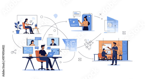 Remote team collaboration with people working on laptops and computers