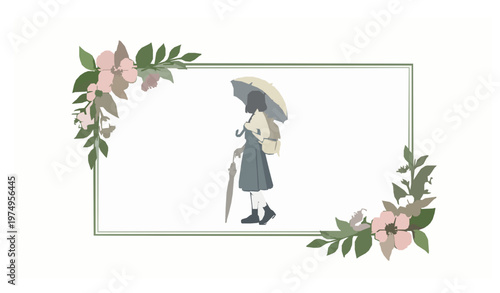 Stylish young woman with backpack and umbrella in vintage floral frame spring blossom vector illustration isolated on white