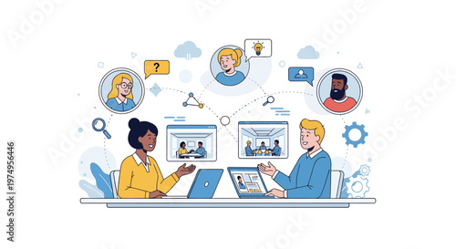 Business people collaborating remotely on laptops with video calls