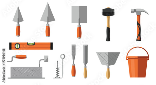 A precise set of masonry hand tools including sharp trowels and heavy mallets is neatly organized for professional construction work on a white background.
