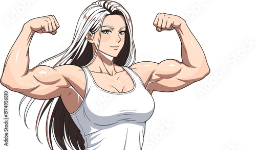 Anime style muscular character flexing arms with long hair in sleeveless top, strong confident pose showcasing strength, fitness, anatomy and powerful artistic illustration design