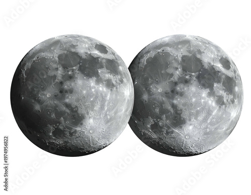 Two detailed, full moons showing craters and dark maria against a black background