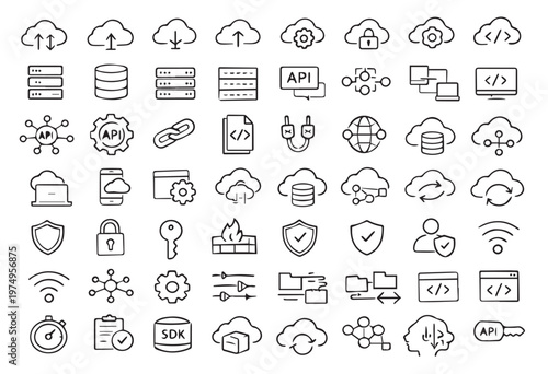 Hand Drawn Cloud Computing and Web Development Icon Set, API, Security, Database and Network Technology Sketch Doodles