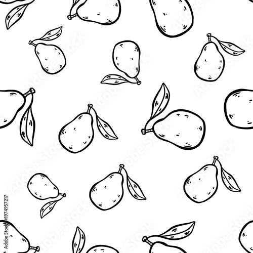 Doodle pear seamless pattern. Repeating pears isolated on white background. Simple outline design suitable for textiles, wallpapers, packaging, prints, stickers, and food-themed projects.