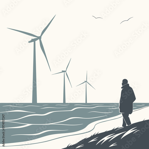 A solitary figure contemplates a field of wind turbines against a muted stylized landscape and overcast sky high quality professional