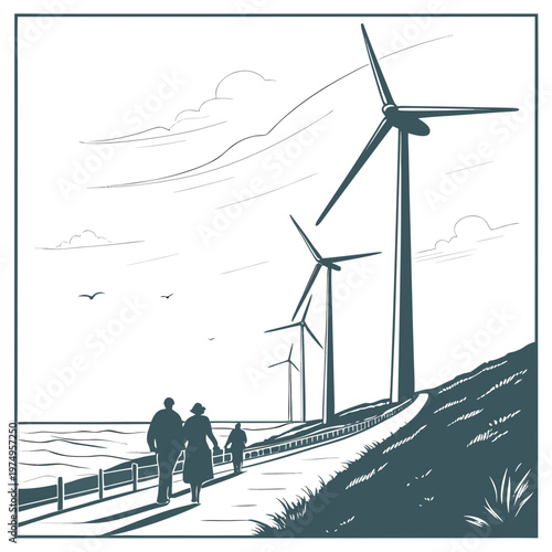 A couple and their child walk along a coastal path framed by several large wind turbines in the background