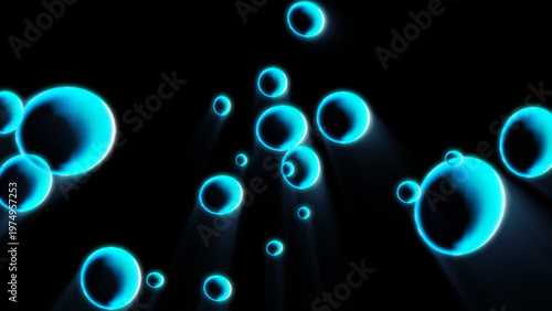 Slika na platnu Numerous glowing blue-cyan bubbles of varying sizes ascend and cast light rays in a dark, mysterious void