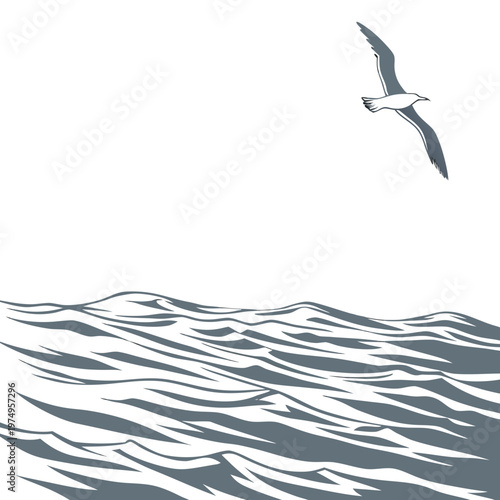 A stylized illustration depicts a lone seagull soaring above turbulent dark blue waves in a coastal scene high quality professional