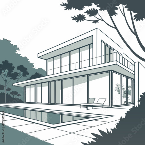 A modern minimalist house with a flat roof and expansive windows overlooks a tranquil swimming pool and lush greenery