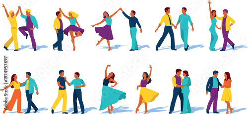 Illustration of People Dancing in Pairs, Colorful Dance Moves in Different Styles for Social Events and Celebrations