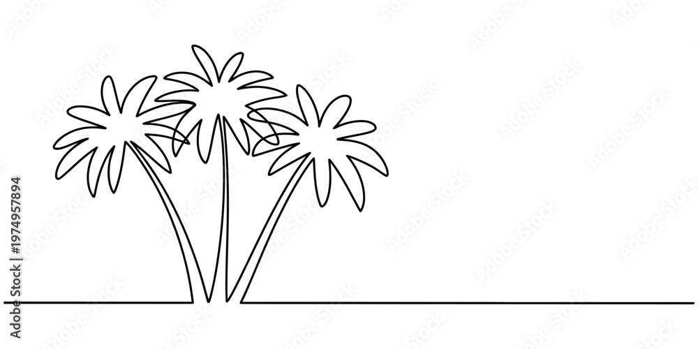 Obraz premium Continuous line drawing of three tropical palm trees standing on a horizontal ground line