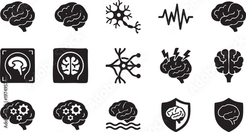 Extensive vector icon collection for brain anatomy, cognitive function, neural networks, and mental health concepts