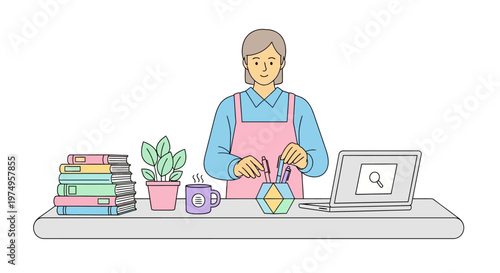 Woman working at home desk with laptop.