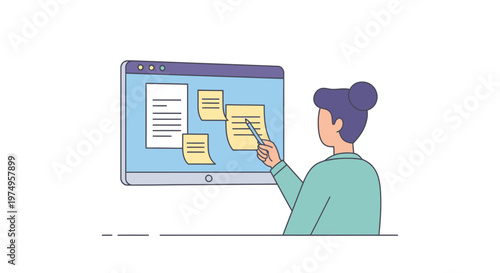 Woman interacting with digital sticky notes.