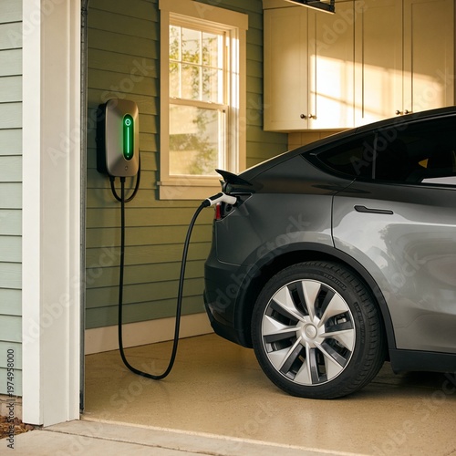 An electric car and EV charging station in a house