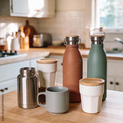 coffee and tea bottled and mugs on a wooden table in a kitchen