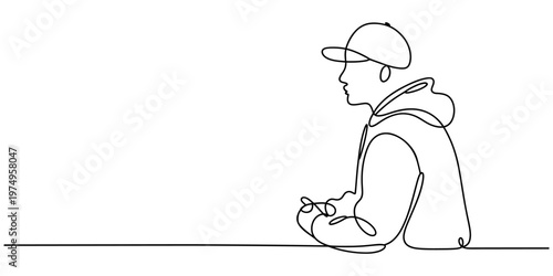 Continuous one line drawing of a young man wearing a hoodie and a baseball cap sitting alone