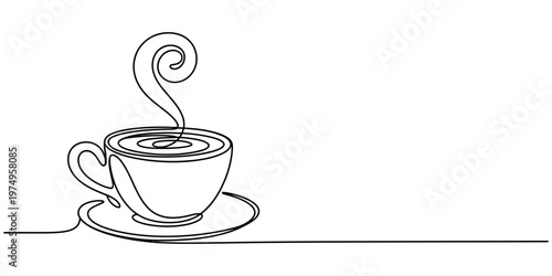 Minimalist continuous line drawing of hot coffee cup with steam