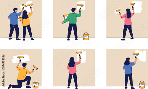 Tableau sur toile Illustration of People Painting Walls, Diverse Individuals Using Paint Rollers f