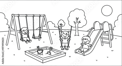 Happy Children Playing Together on Outdoor Playground Swing Slide Sandbox Fun