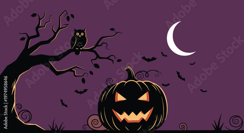 Spooky Halloween Night with Glowing Jackolantern, Owl, Bats, and Crescent Moon